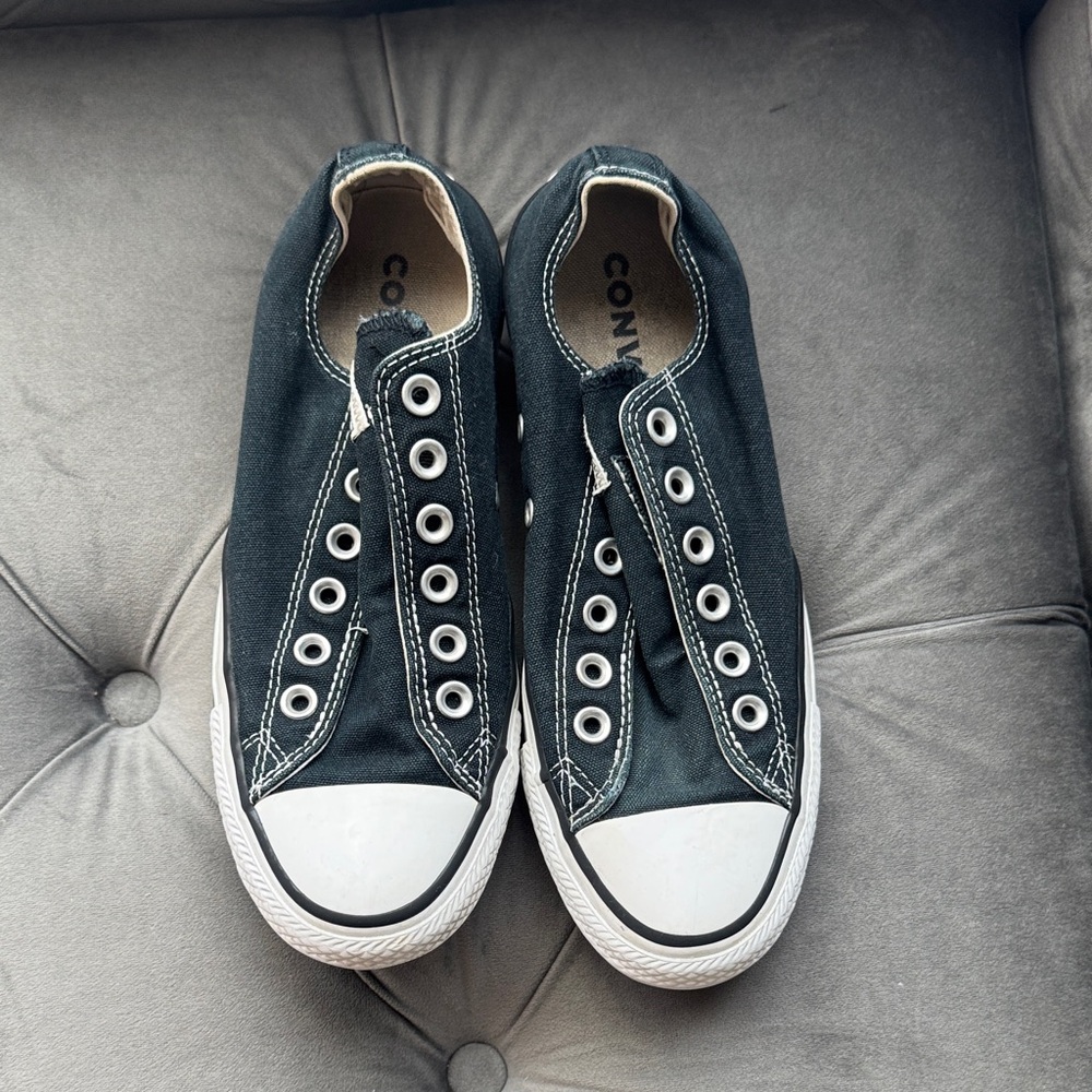 Converse womens Black Canvas Slip-On Sneakers with White Toe Caps